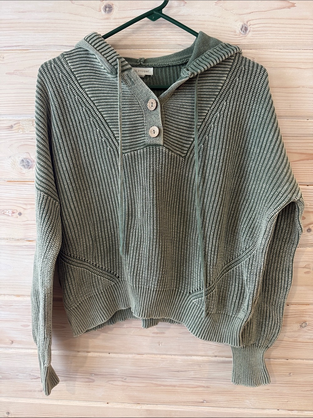 Blu Pepper Olive Knit Hooded V-Neck Pullover